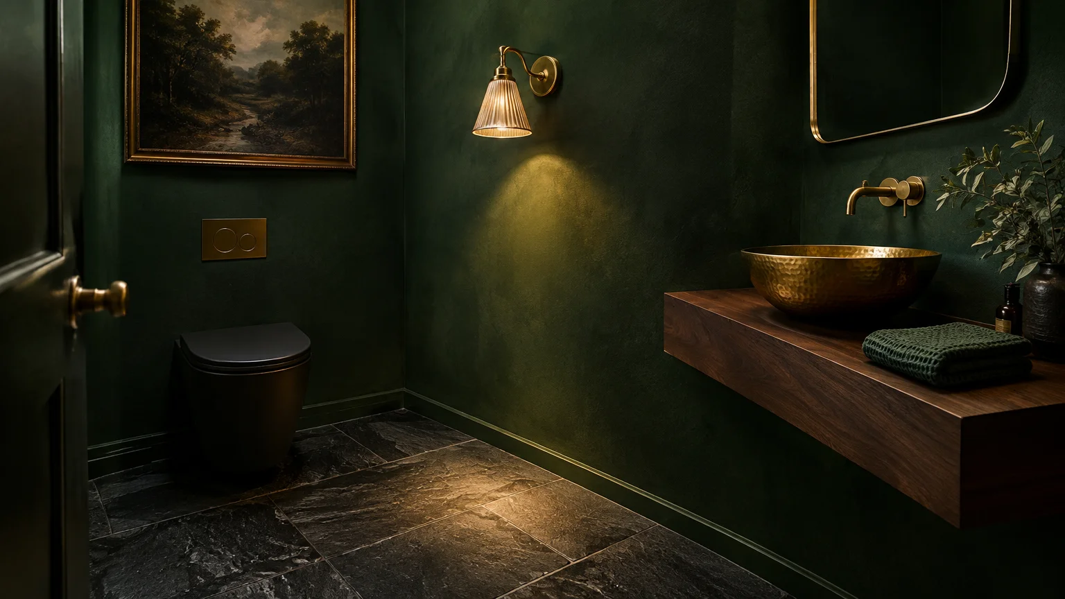 Moody dark green powder room with slate tile floor, floating wood vanity, brass vessel sink, and glowing wall sconce.