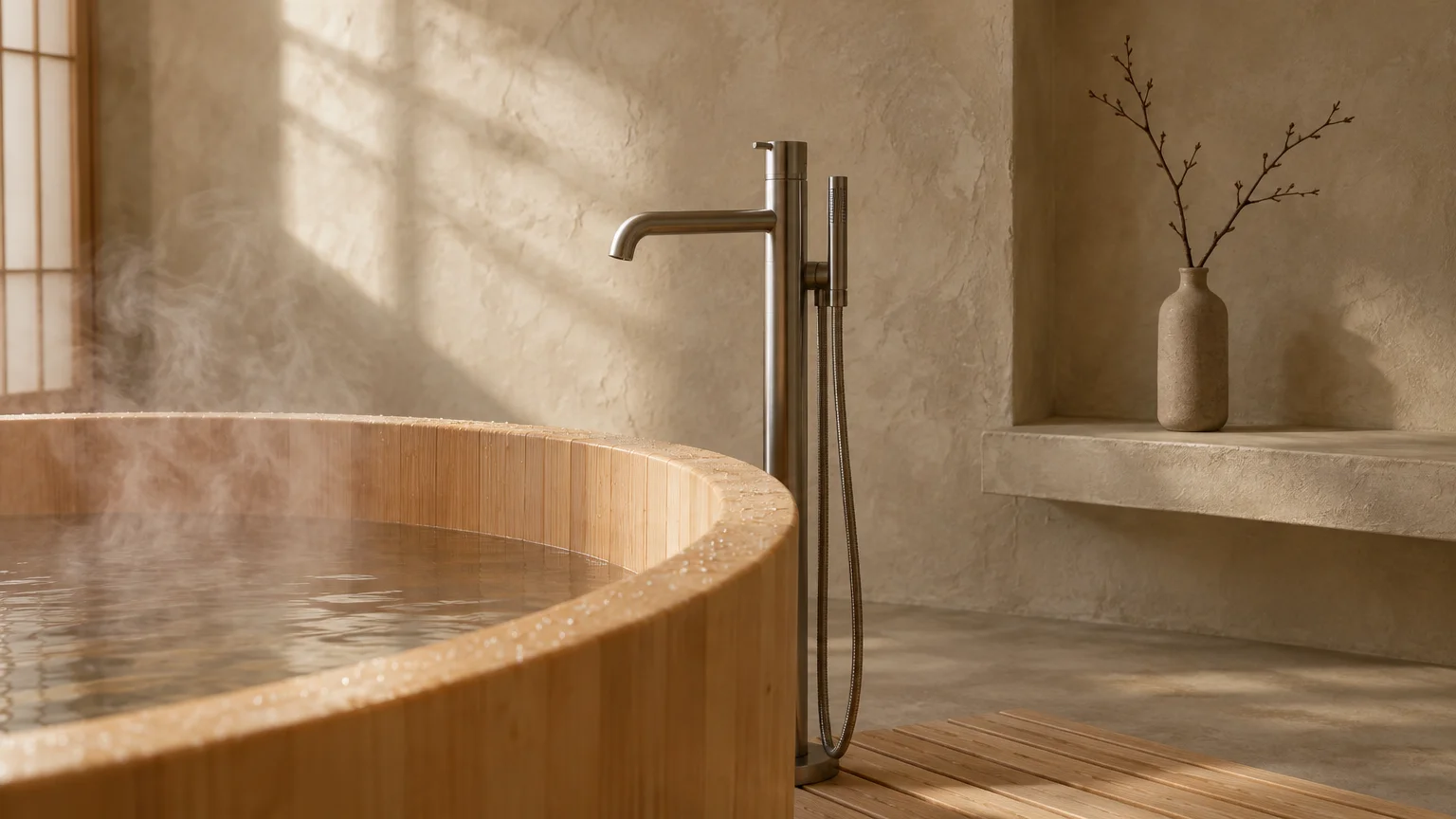 Steaming water inside a round wooden soaking tub beside a freestanding metal faucet against a textured beige wall.