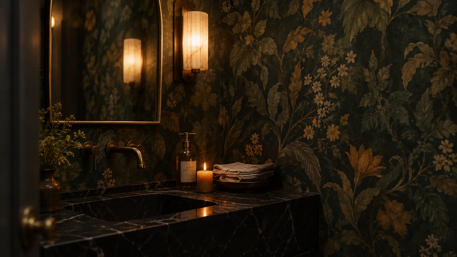 Dark floral wallpaper behind a black marble vanity with an arched mirror, glowing wall sconce, and small candle.