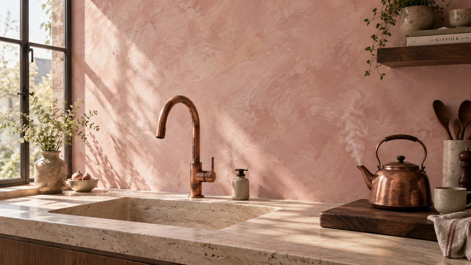 Kitchen sink with copper faucet, travertine stone countertop, steaming kettle, and textured pink plaster wall.