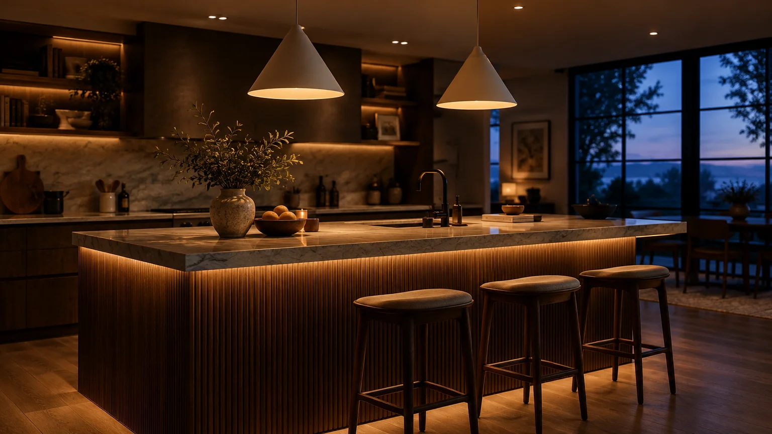 Warmly lit modern kitchen island with two cone pendant lights, under-counter LED strip lighting, and wooden barstools.