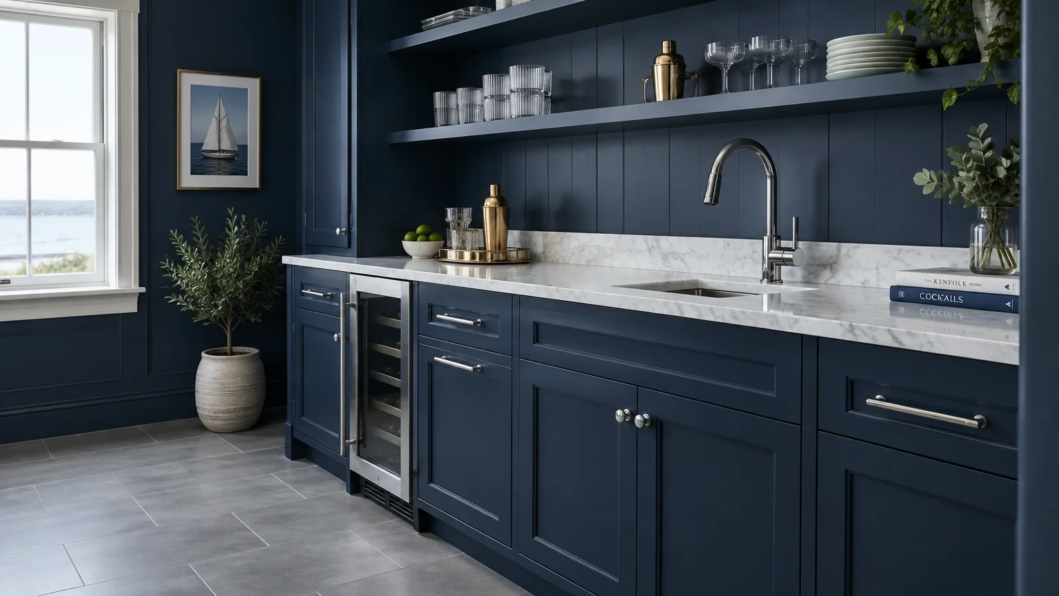 Dark navy blue wet bar cabinets and open shelves with marble countertop over gray floor tiles.