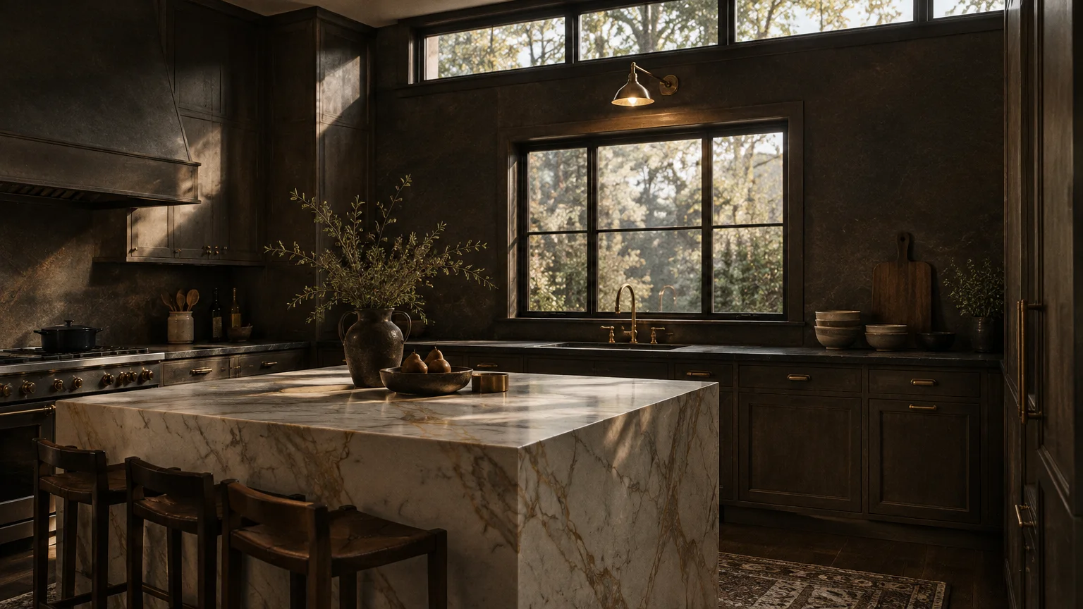 Dark kitchen with charcoal cabinets, a large marble waterfall island, and sunlight streaming through black-framed windows.