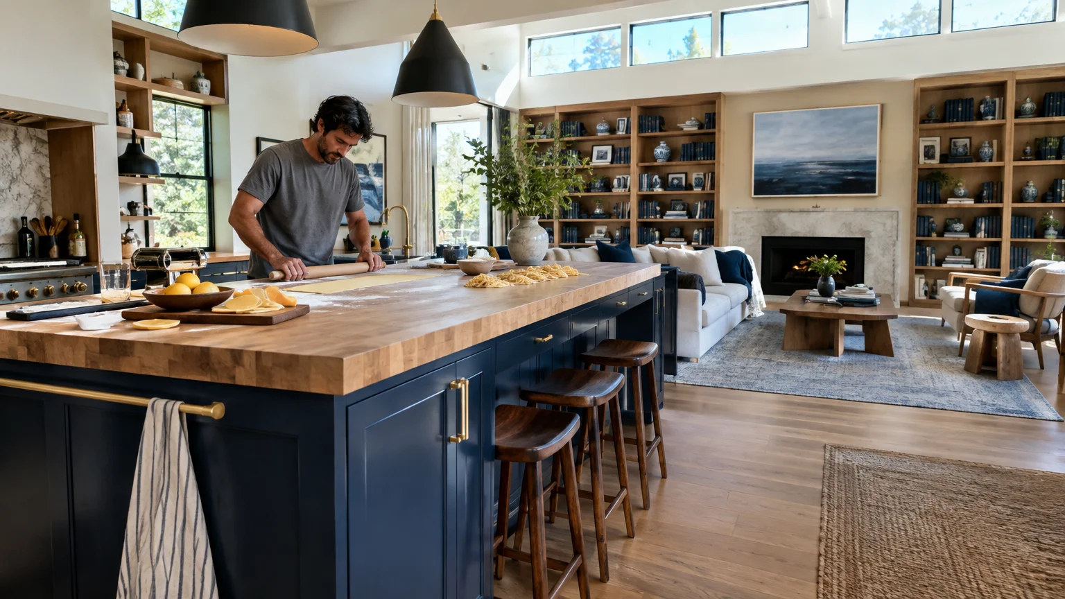 Man rolling dough at a navy kitchen island beside wooden barstools, open to a living room with bookshelves.