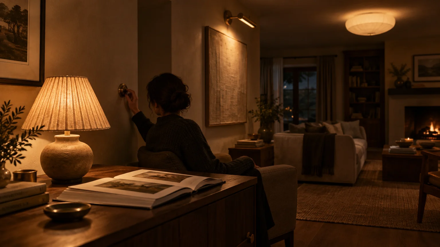 Woman adjusting a wall dimmer in a dimly lit living room with glowing table lamps, a picture light, and a ceiling fixture.