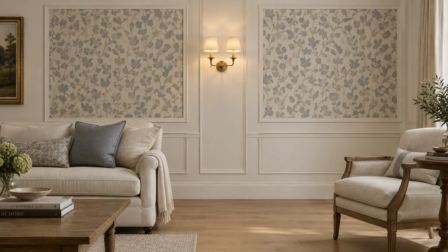 Living room with framed wall molding featuring floral wallpaper inserts, a neutral sofa, armchair, and brass wall sconce.