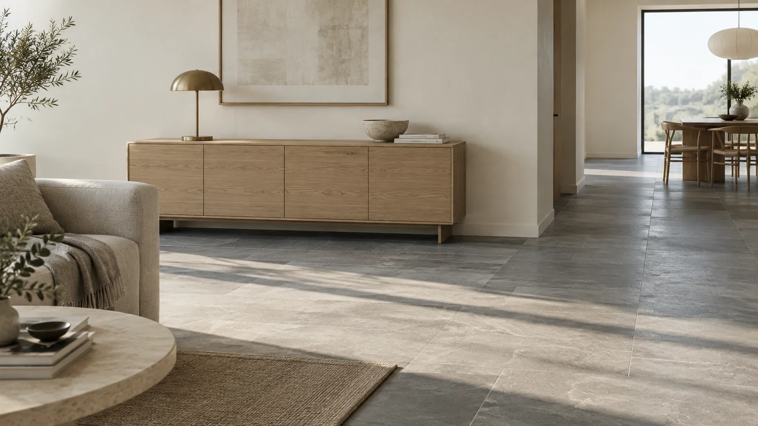 Living space with alabaster walls, light gray stone tile flooring, a light wood sideboard, and a brass lamp.