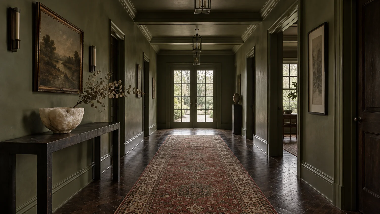 A grand hallway with dark olive-green walls, matching trim and ceiling, dark herringbone wood floors, and a long runner rug.