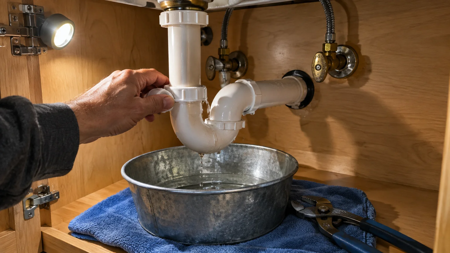 A hand unscrews a white P-trap under a sink, letting water drip into a metal basin set on a blue towel next to pliers.
