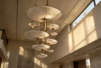 Multi-tiered chandelier with textured round stone discs suspended from brass rods in a high-ceilinged modern foyer.