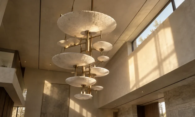 Multi-tiered chandelier with textured round stone discs suspended from brass rods in a high-ceilinged modern foyer.