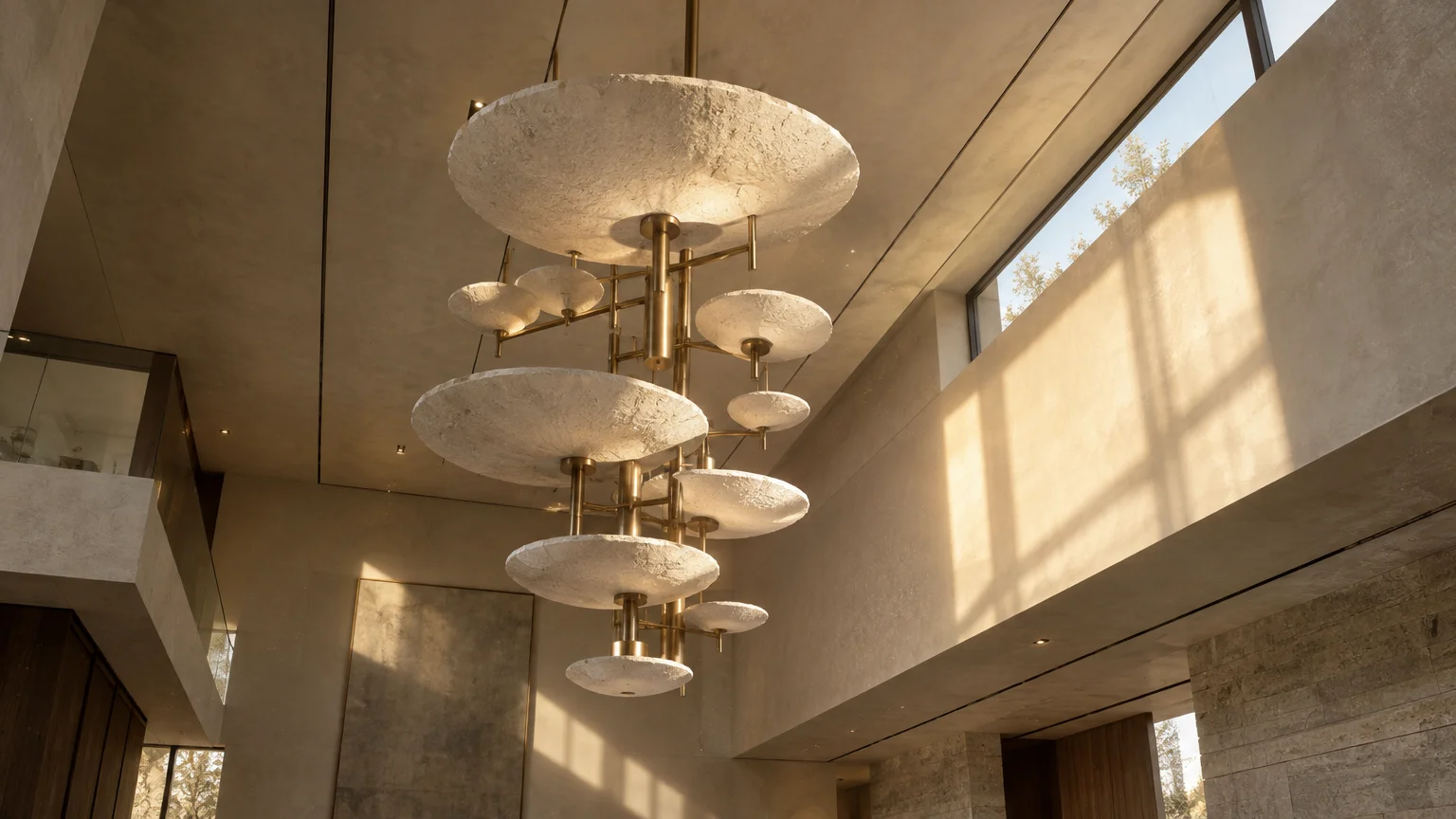 Multi-tiered chandelier with textured round stone discs suspended from brass rods in a high-ceilinged modern foyer.