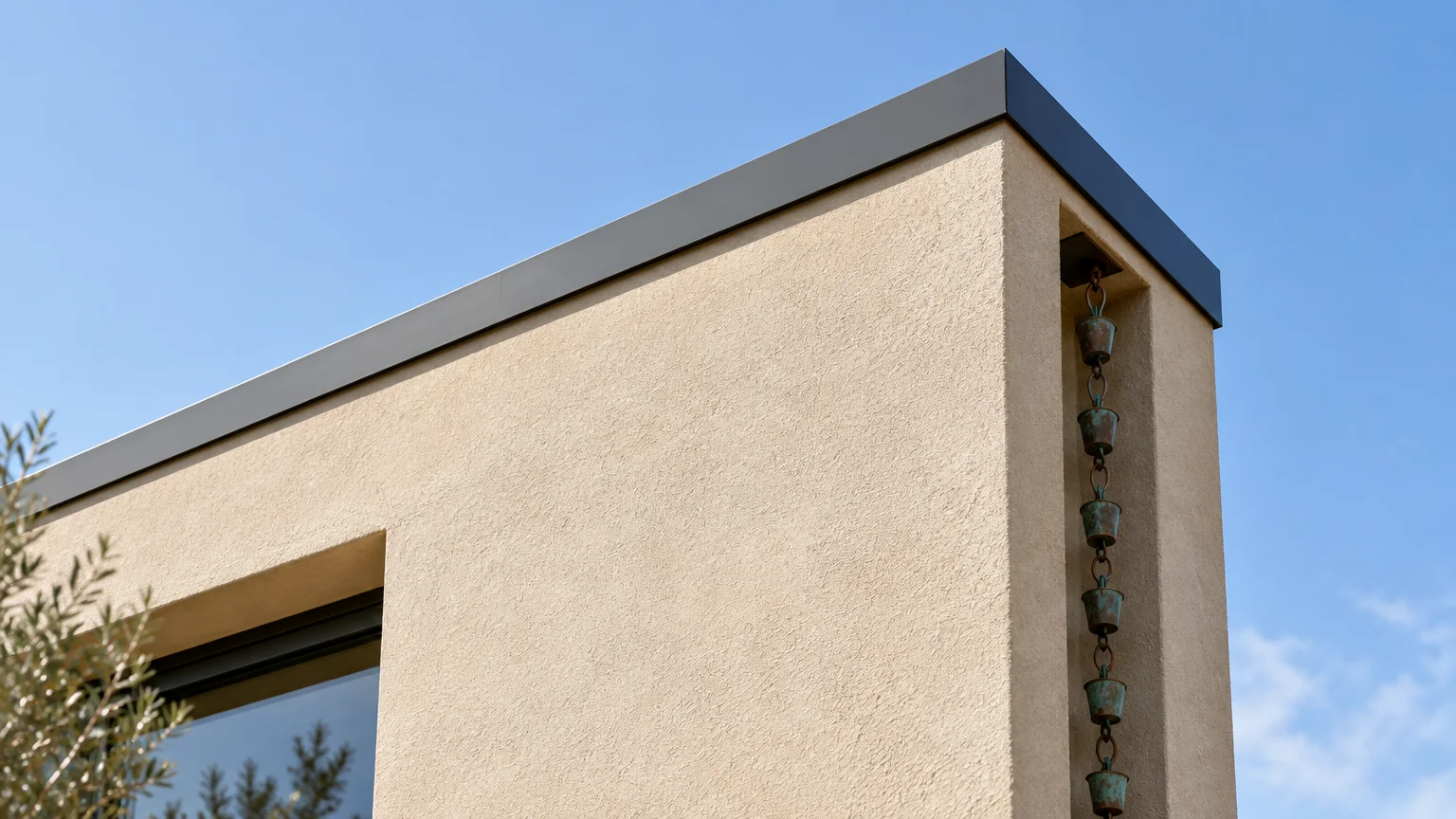 Modern beige stucco house parapet with dark metal trim and a copper rain chain set in a wall niche against a blue sky.