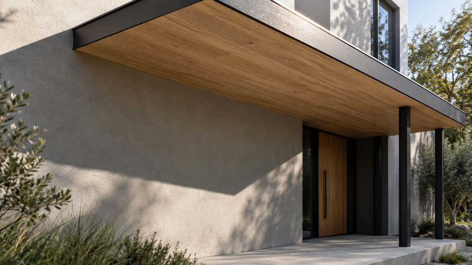 Modern entryway featuring a wide portico with a light wood plank soffit, black trim, and a concrete wall casting shadows.
