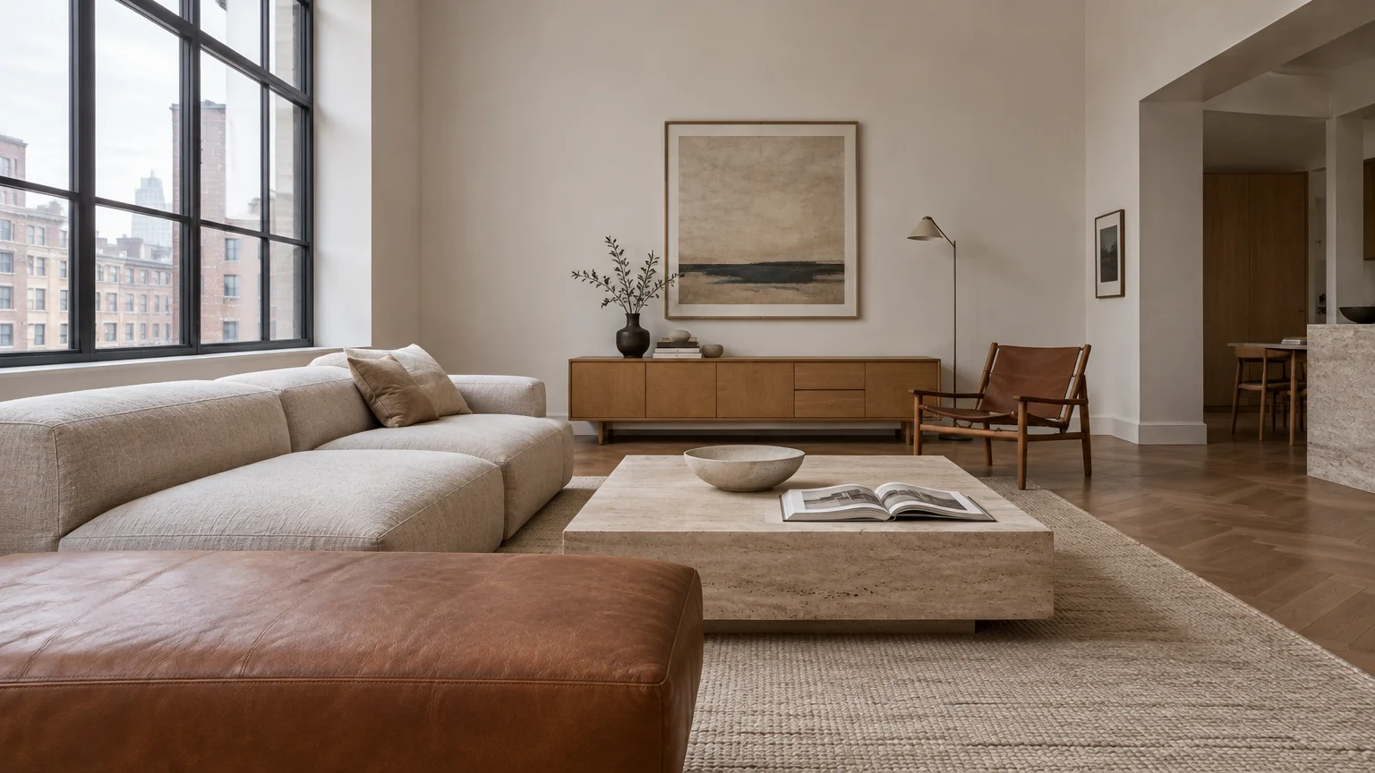 Modern living room with a low beige modular sofa, leather ottoman, low travertine coffee table, and large window.