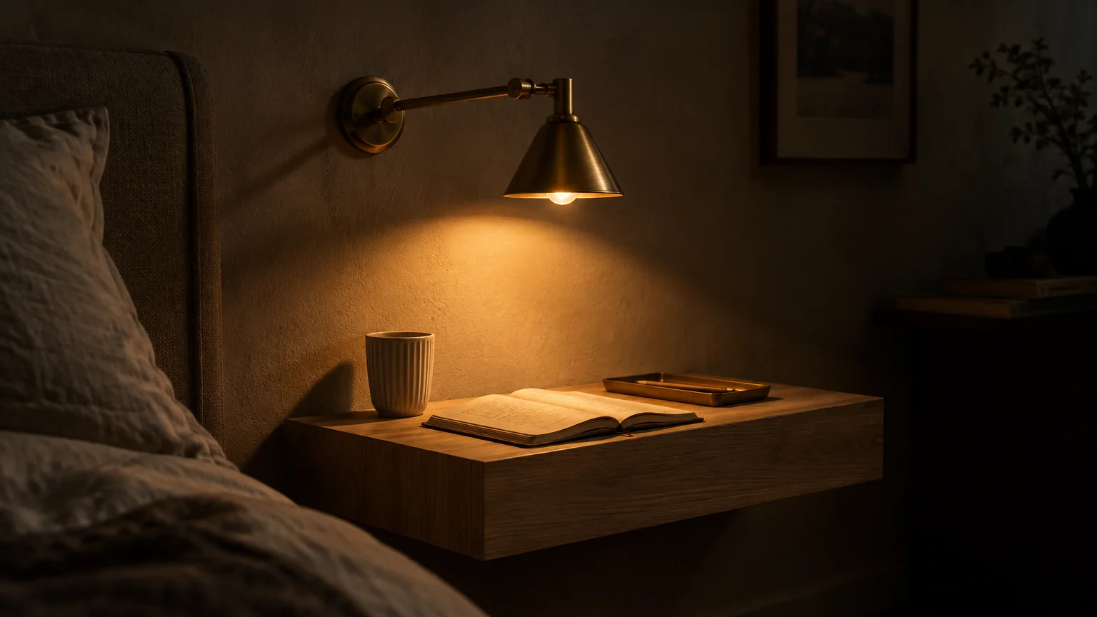 Brass wall sconce casting warm light over an open book and cup on a floating wooden nightstand beside a bed.
