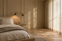 Sunlit minimalist bedroom with beige paneled walls, a low wooden bed, wall-mounted brass sconce, and sheer curtains.