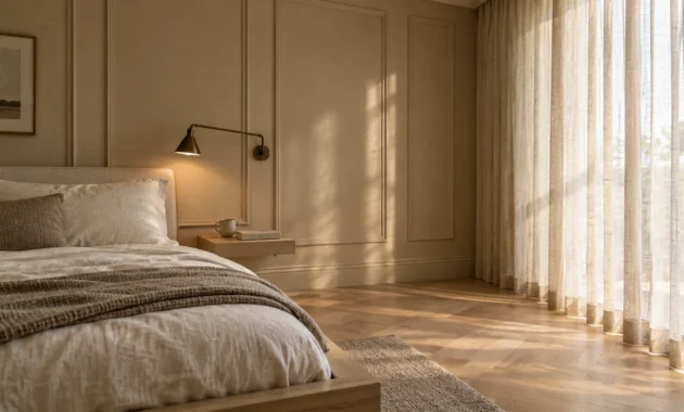 Sunlit minimalist bedroom with beige paneled walls, a low wooden bed, wall-mounted brass sconce, and sheer curtains.