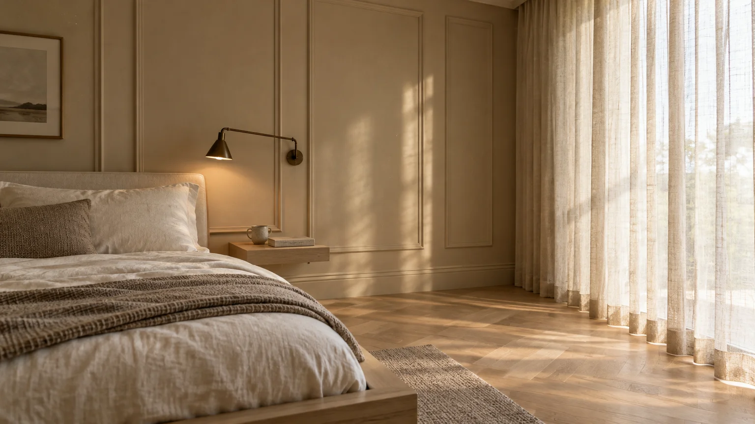 Sunlit minimalist bedroom with beige paneled walls, a low wooden bed, wall-mounted brass sconce, and sheer curtains.