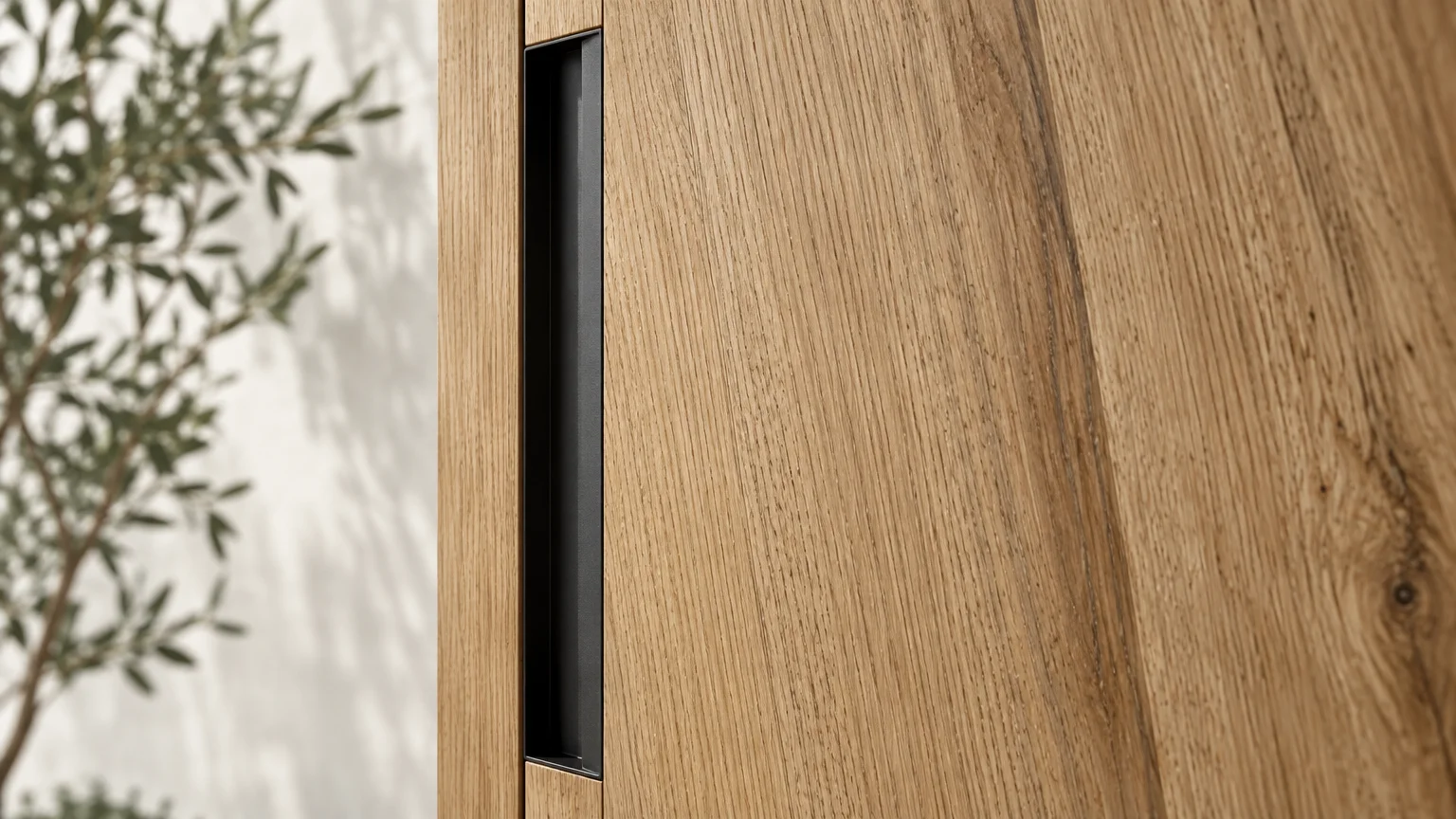 Close-up of a light natural wood door with visible grain and a sleek, recessed black vertical handle.