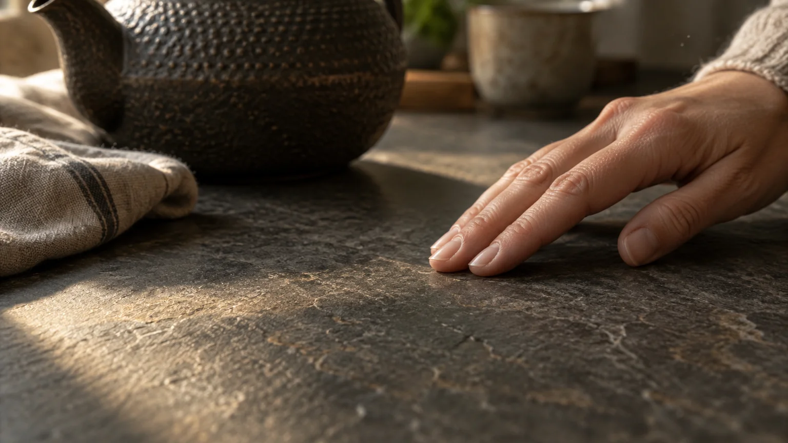 A hand rests on a textured, dark matte stone countertop beside a black cast-iron teapot.