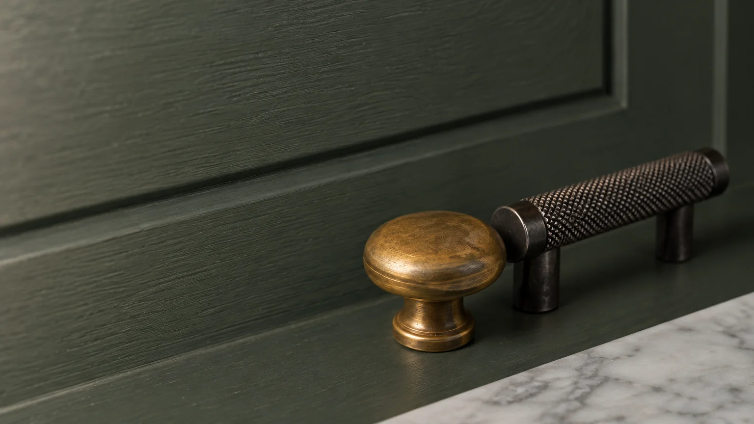 A round brass knob and a knurled metal bar pull resting on a dark green painted cabinet ledge beside marble.