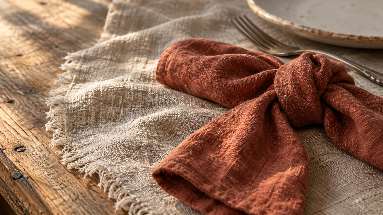 A knotted terracotta linen napkin rests on a fringed beige placemat atop a rustic wooden table beside a fork.