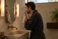 A man in a dark waffle bathrobe dries his face with a towel in front of a mirror flanked by two wall sconces.