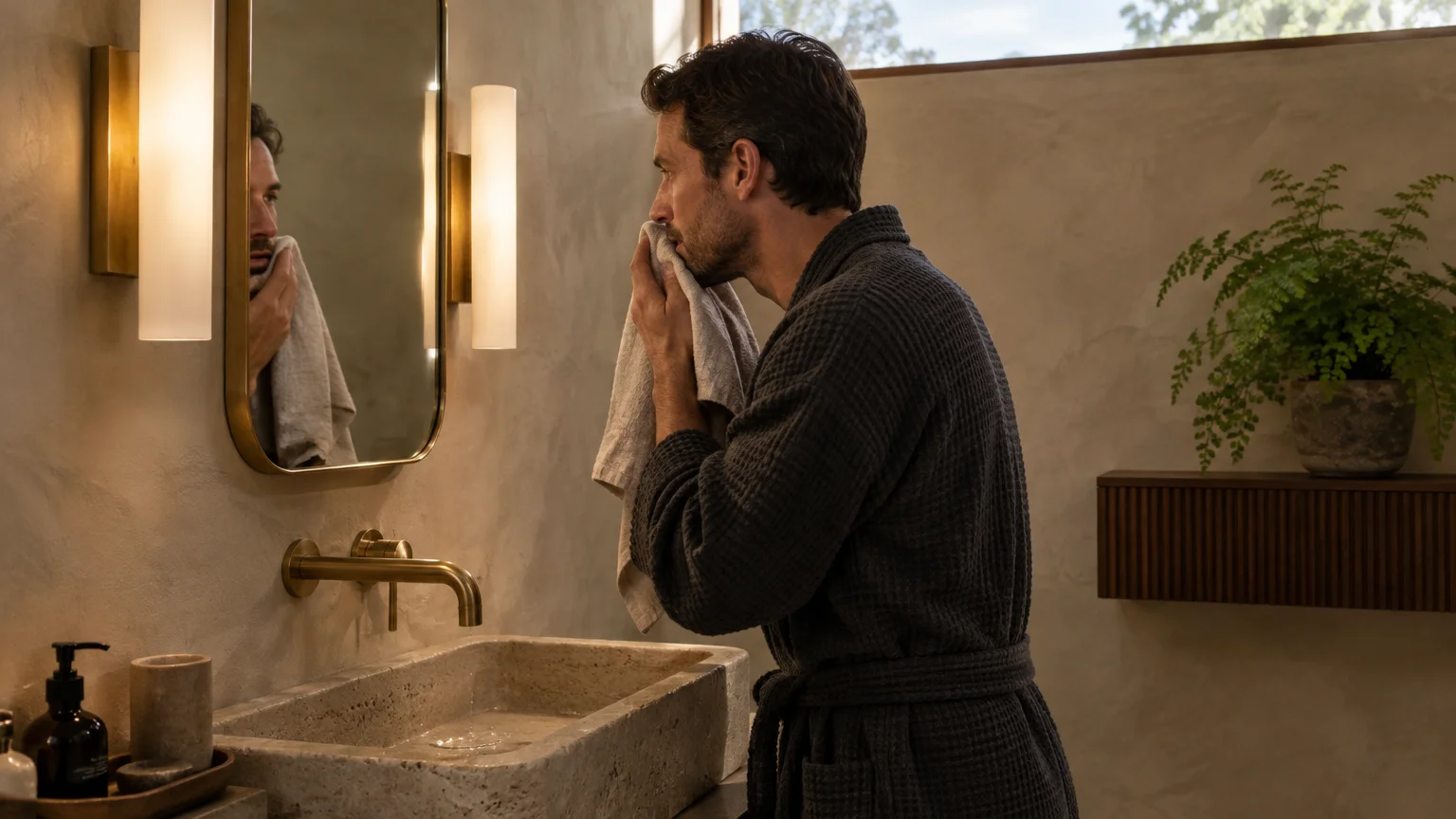A man in a dark waffle bathrobe dries his face with a towel in front of a mirror flanked by two wall sconces.