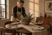 A man sets a eucalyptus centerpiece on a round wooden dining table arranged with plates and napkins.