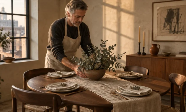 A man sets a eucalyptus centerpiece on a round wooden dining table arranged with plates and napkins.