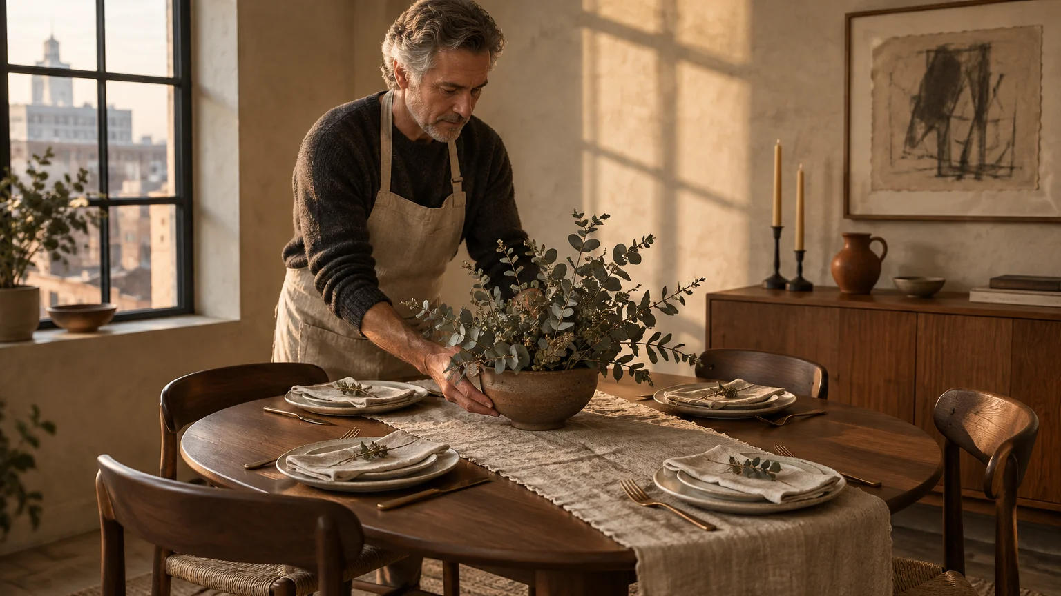 A man sets a eucalyptus centerpiece on a round wooden dining table arranged with plates and napkins.