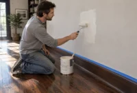 A man rolls white paint onto a wall above dark walnut wood floors next to an open paint can.