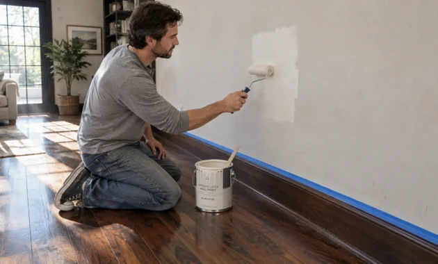 A man rolls white paint onto a wall above dark walnut wood floors next to an open paint can.