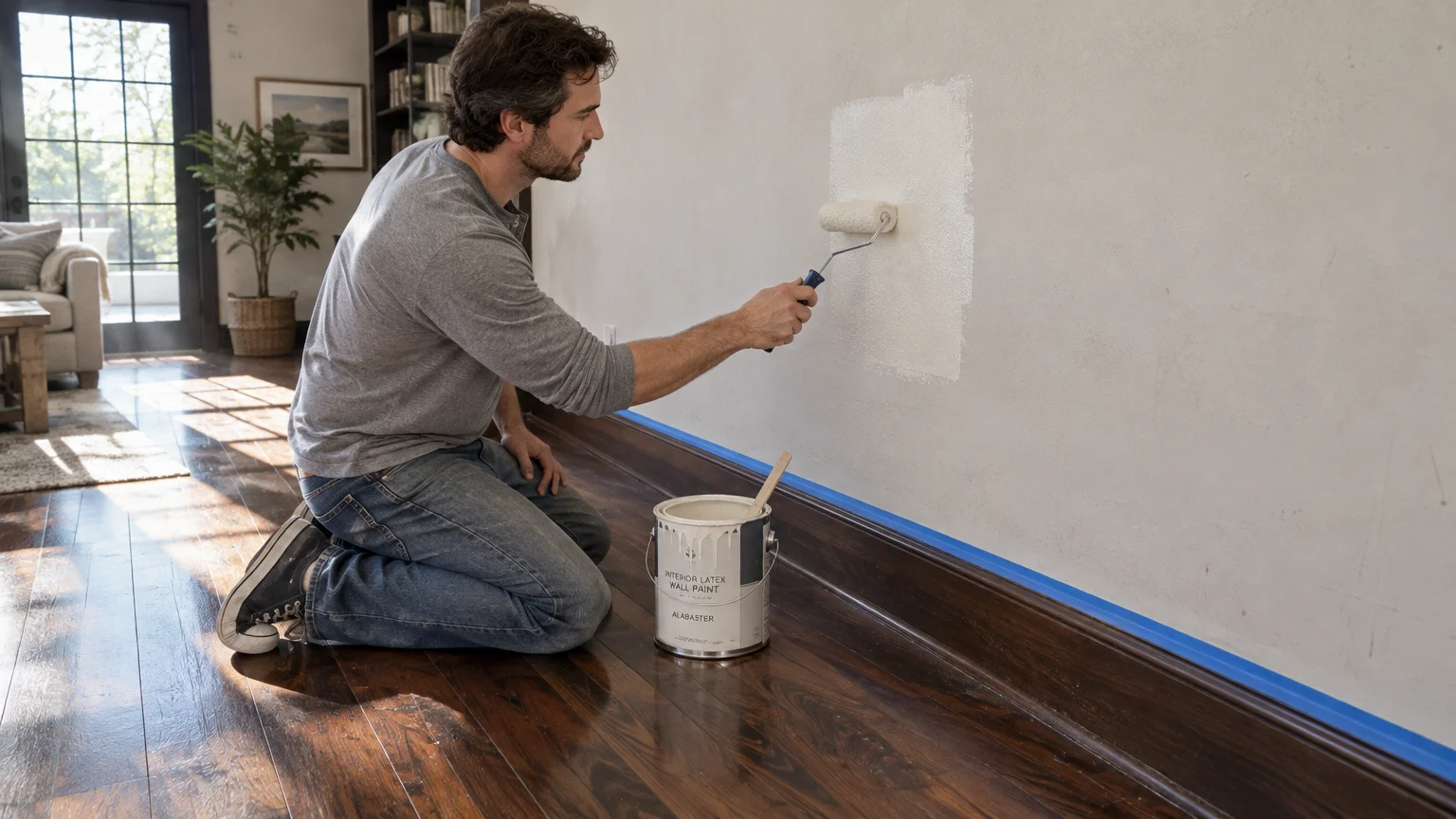 A man rolls white paint onto a wall above dark walnut wood floors next to an open paint can.