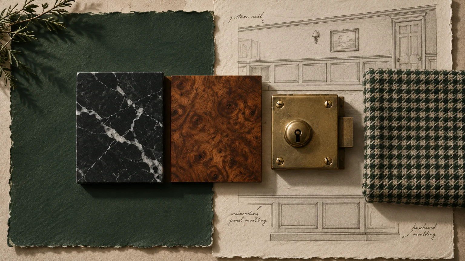Mood board with dark green paper, black marble, burl wood, brass lock, houndstooth fabric, and an interior sketch.