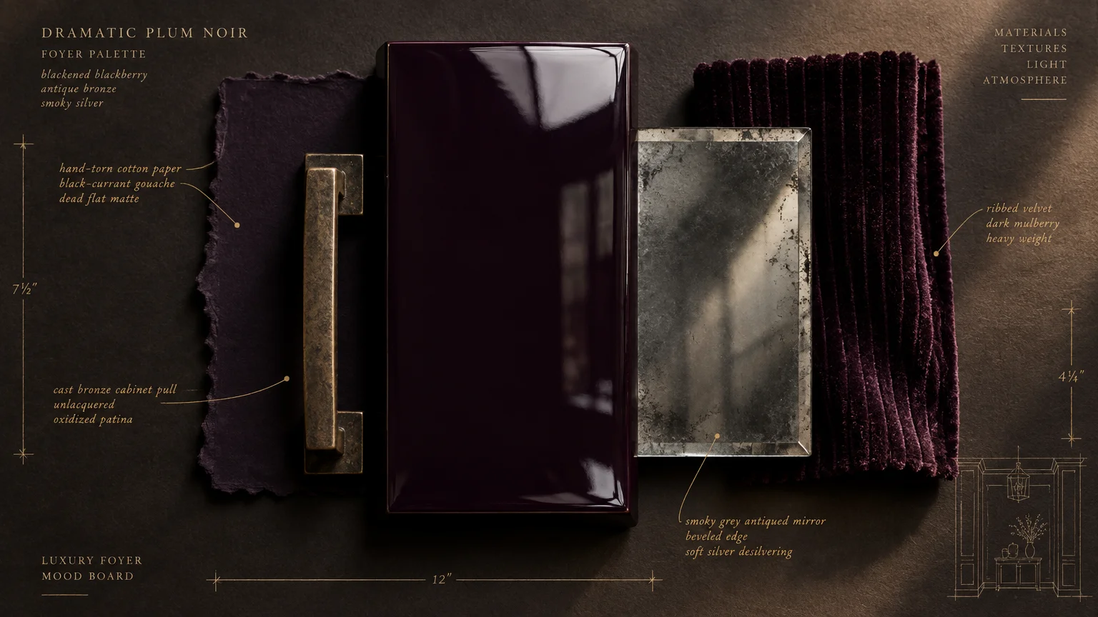 Material mood board featuring glossy deep plum tile, dark purple matte paper, aged bronze handle, antique mirror, and velvet.