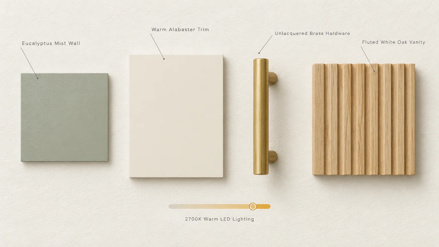 Material moodboard showing eucalyptus mist wall tile, warm alabaster trim, unlacquered brass hardware, and fluted white oak.