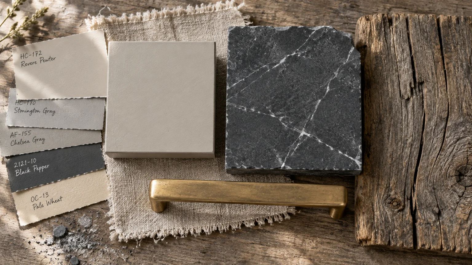 Mood board flat lay with paint swatches, a beige tile, dark marble slab, brass handle, and rustic weathered wood.