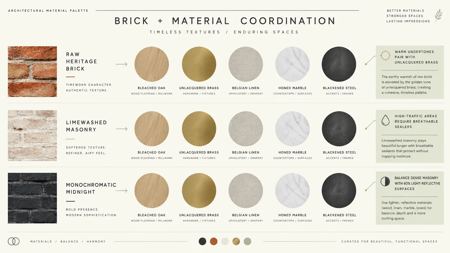 Material coordination chart pairing three brick finishes with swatches of oak, brass, linen, marble, and blackened steel.