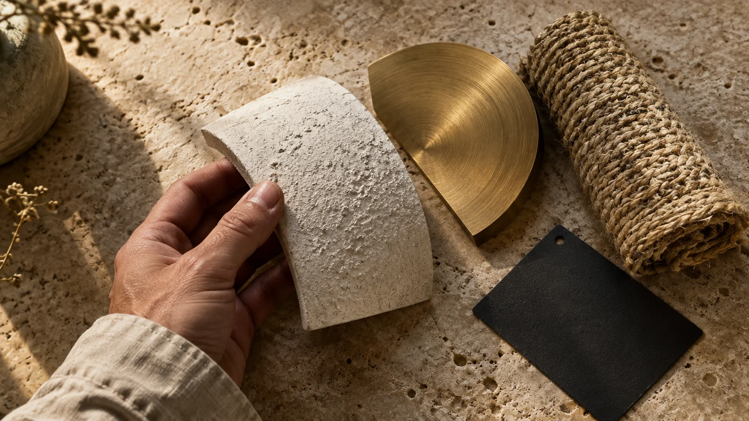 Hand holding a textured plaster swatch beside a brass semicircle, woven fiber roll, and black card on travertine.