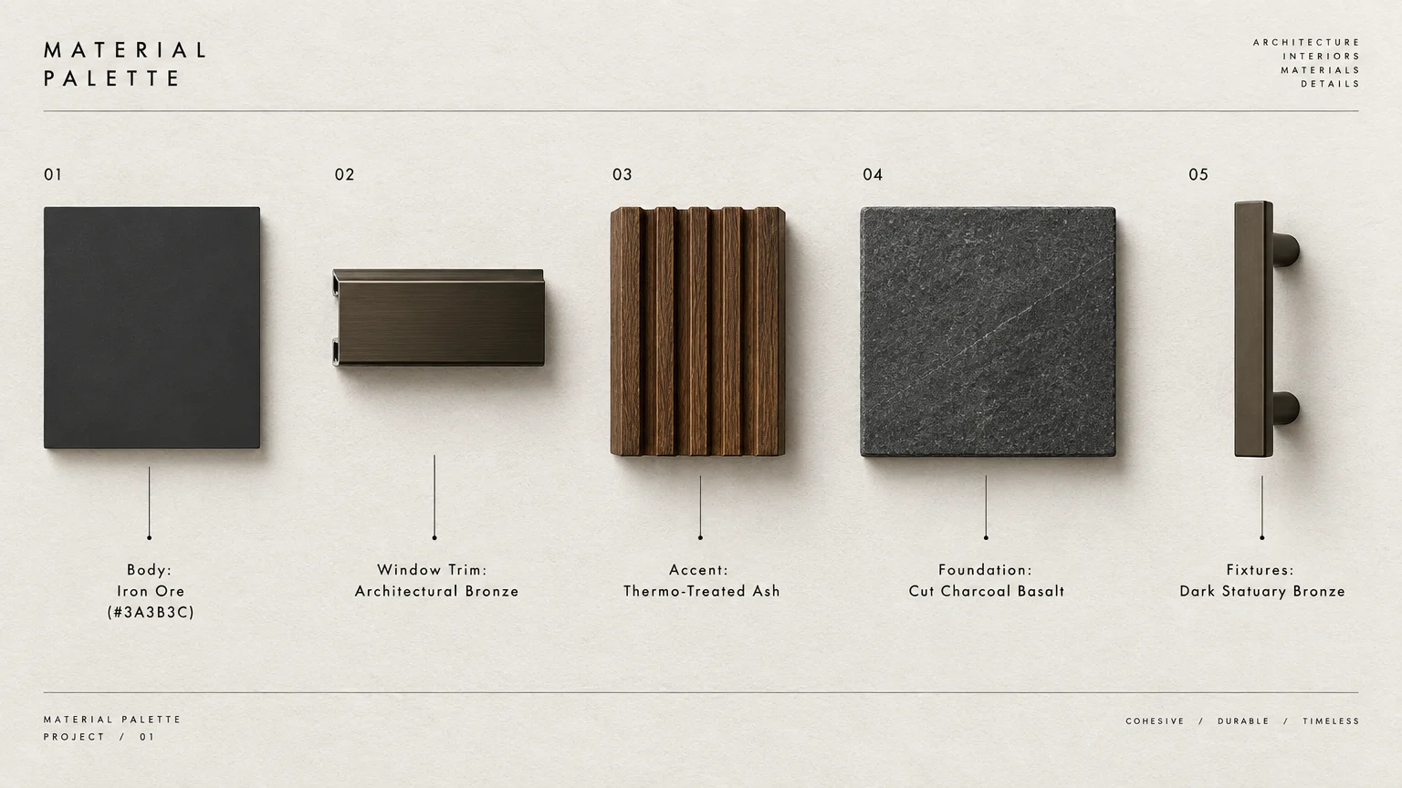 Material palette featuring swatches of iron ore paint, bronze window trim, fluted ash wood, basalt, and bronze fixtures.