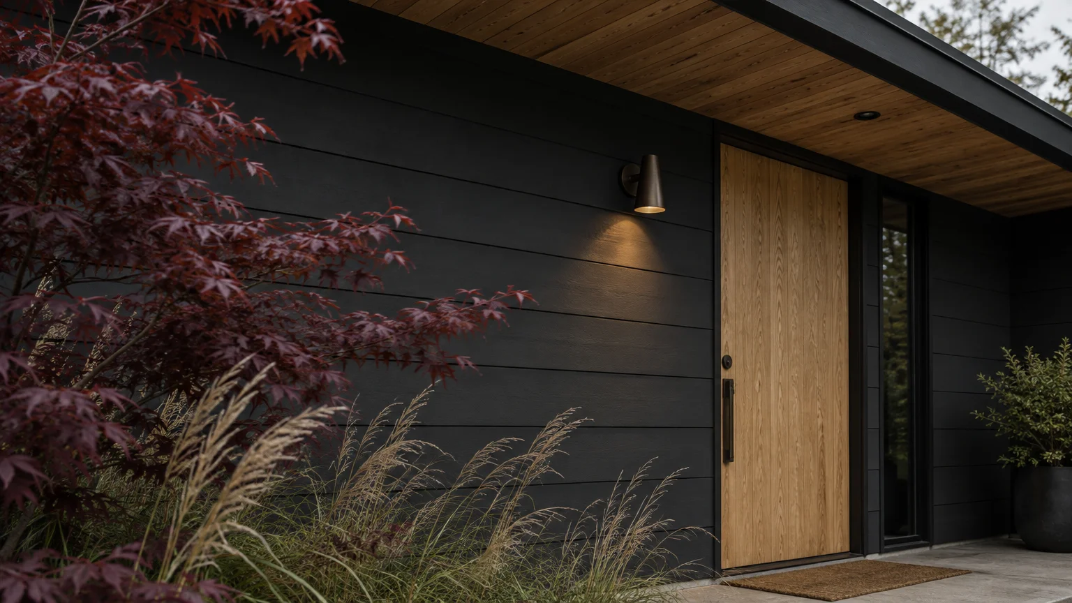 Dark charcoal horizontal siding on a home exterior with a light wood front door, lit sconce, and red Japanese maple foliage.