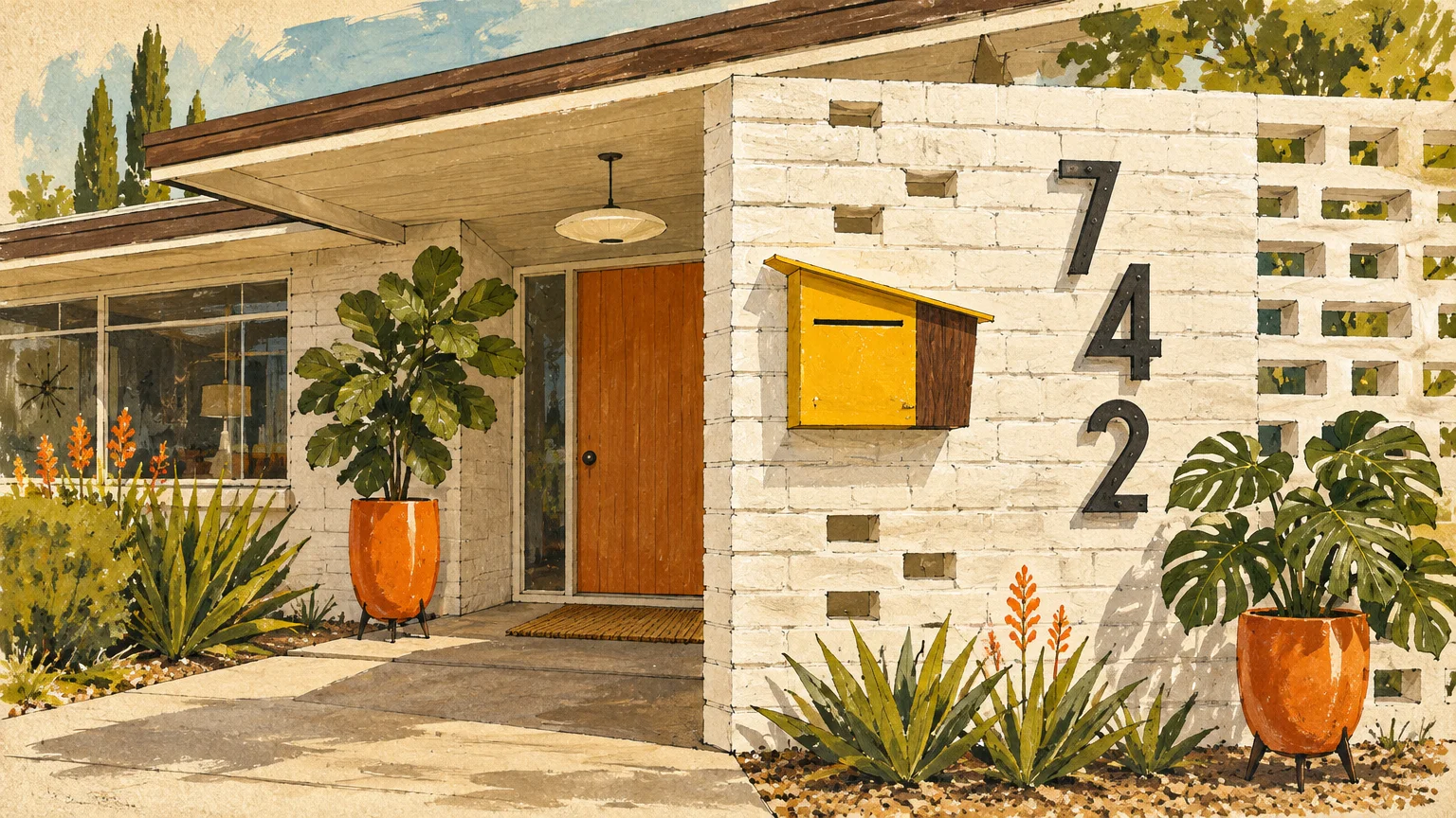 Illustration of a mid-century modern entryway with a yellow mailbox and black address numbers 742 on a white brick wall.