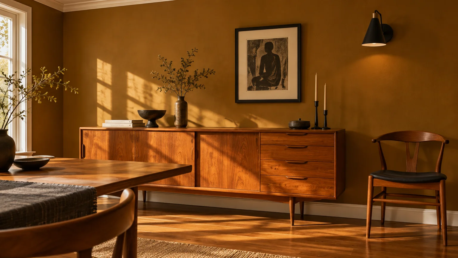 Mid-century wood sideboard and dining chairs set against deep ochre walls with a black sconce and framed art.