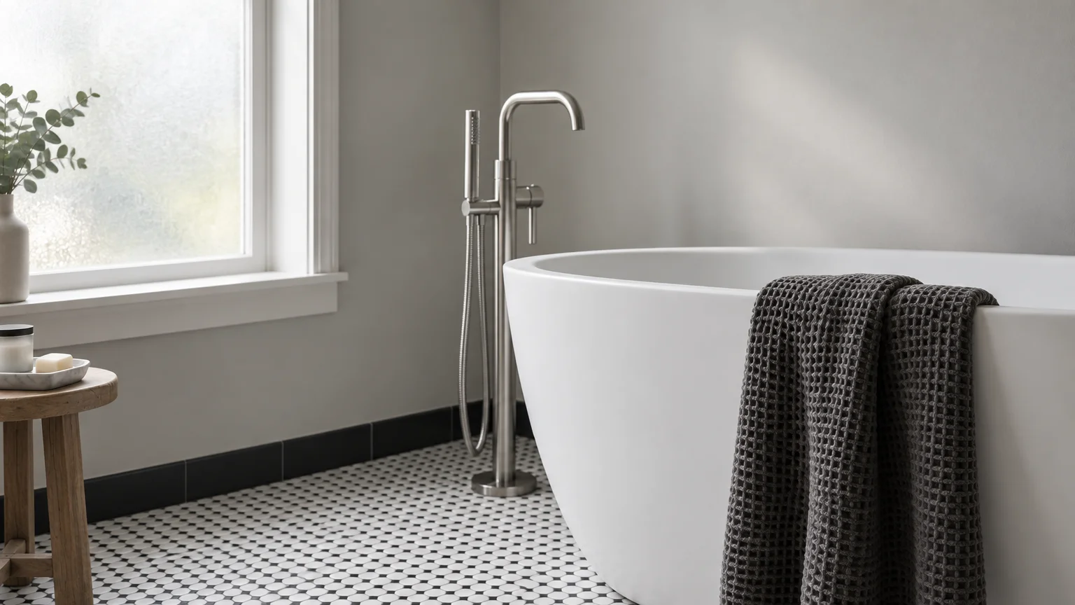 Freestanding white soaking tub and silver faucet on black-and-white penny tile flooring beside soft gray walls.