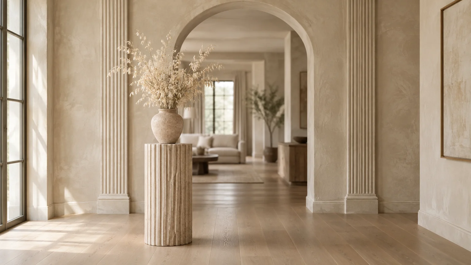 Fluted stone pedestal holding a vase of dried florals in an arched entryway with textured beige plaster walls.