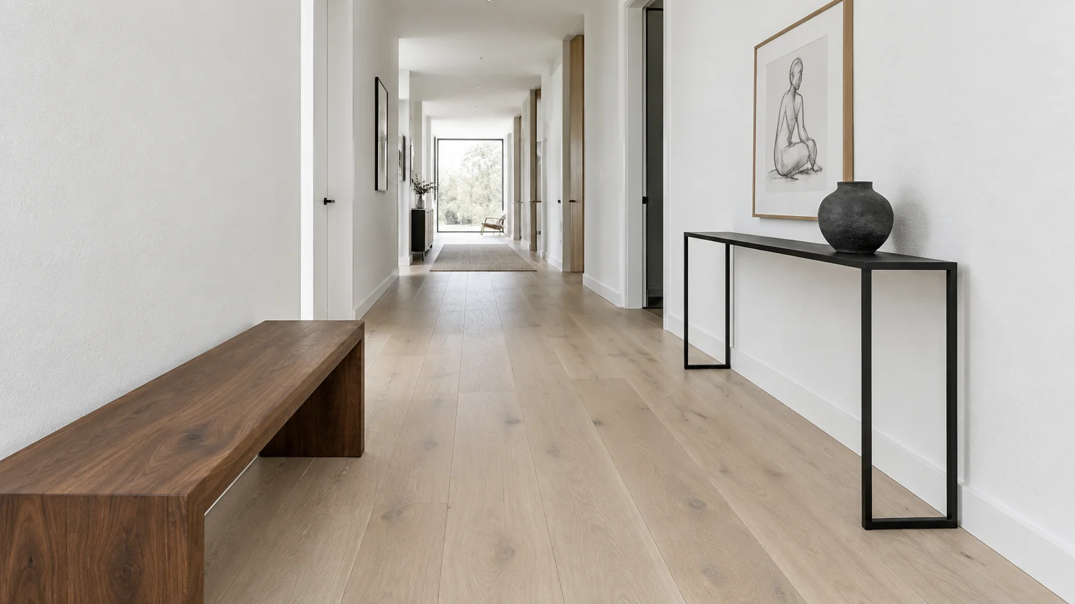 Long modern hallway with light oak plank flooring, white walls, a wooden bench, and a slim black console table.