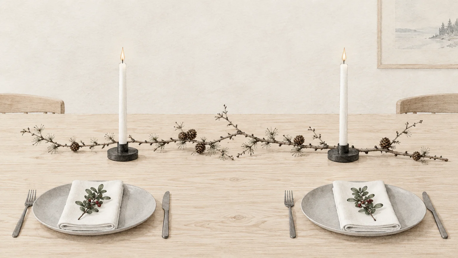 Minimalist wooden dining table set with two plates, folded napkins, tapered candles, and a slender pinecone branch.