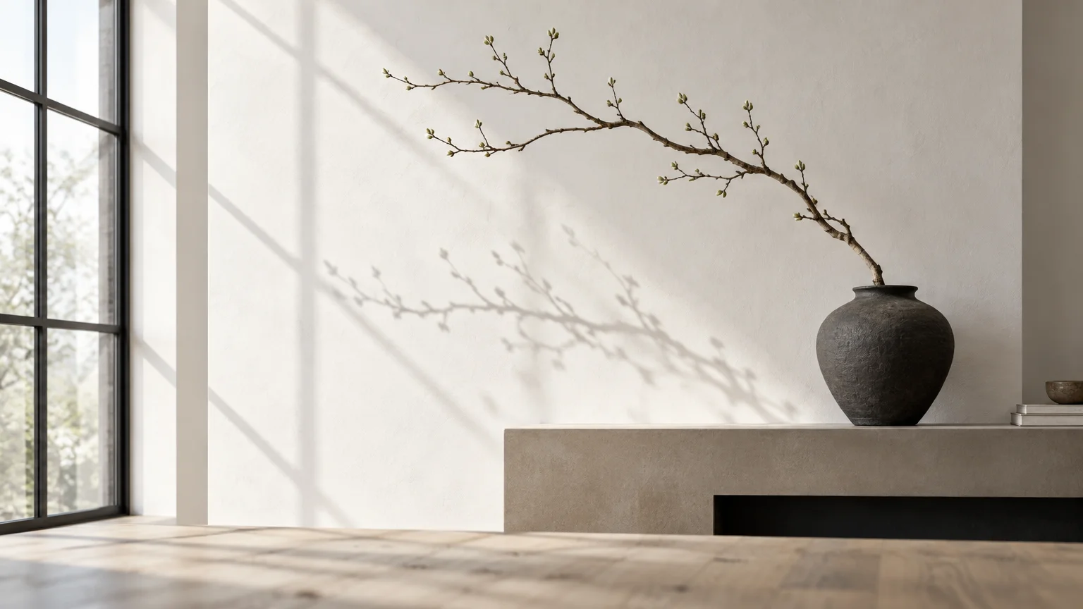 A dark round urn with a bare budding branch resting on a concrete mantel, casting shadows against a sunlit white wall.